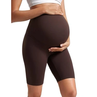 Image of CRZ Yoga Women&#039;s Butterluxe Maternity Shorts Over The Belly 8&quot; Bump Sports Biker Pregnancy Leggings Hot Fudge Brown 16