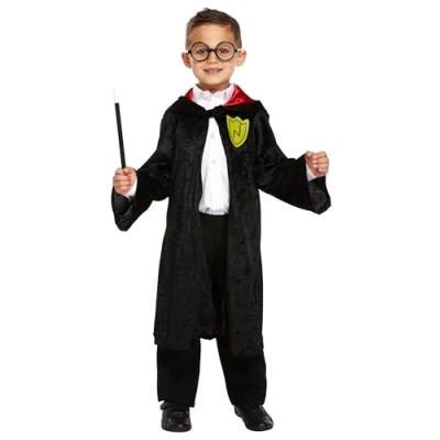 Image of HENBRANDT Children’s Wizard Boy Magic School Robe with Red Lining Kids Fancy Dress Costume Book Day Halloween Outfit Magical Cloak Size Large Ages 10 12 for Boys and Girls