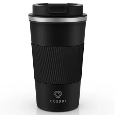 Image of CS COSDDI Travel Mugs, Insulated Coffee Cup with Leakproof Lid Reusable Cups Car Stainless Steel Mug for Hot and Cold Water Tea (Black A, 510 ml)