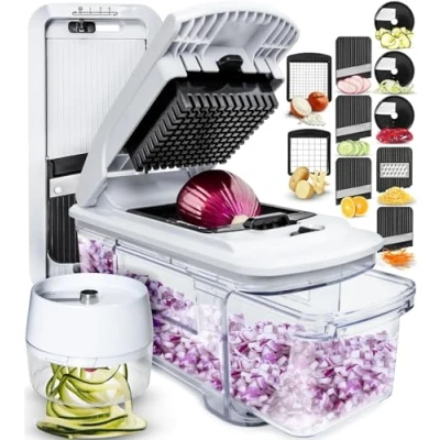 Image of Vegetable Chopper Cutter Mandoline Slicer Veggie Onion Salad Food Manual Potato Chipper Veg and Dicer Kitchen Tools &amp; Gadgets (All in 1 White)