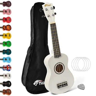 Image of Soprano Ukulele Ukelele for Kids includes Gig Bag, Felt Pick, Spare Strings White TIGER UKE7 WH