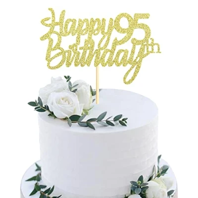 Image of Sumerk Gold Glitter Happy 95th Birthday Cake Topper for Anniversary Party Decorations Pack of 1