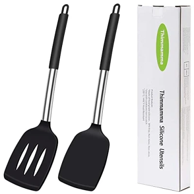 Image of Silicone Spatula Turner, Heat Resistant Slotted Solid Turner for Cooking, BPA Free Large Black Kitchen Utensils Baking Non Stick Cookware, Dishwasher Safe, 2 Pack