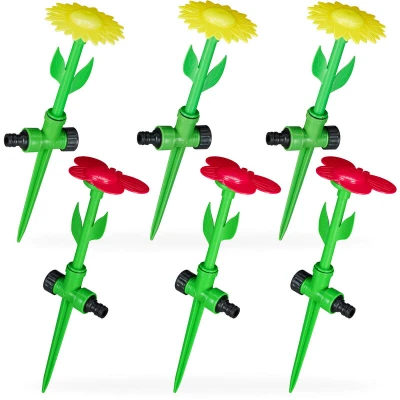 Image of Relaxdays Sprinkler Head, 6X Set, Water Irrigation, Garden, Lawn, HxW: 34x10cm, Ground Screw, Plastic Flower, Red/Yellow, 34 x 10 cm