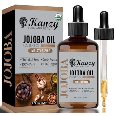 Image of Kanzy Jojoba Oil Organic Cold Pressed 50ml 100% Pure for Hair, Nails, Eyelash &amp; Eyebrow Growth Vegan Cruelty Free Skin, Face Body as Carrier, Massage