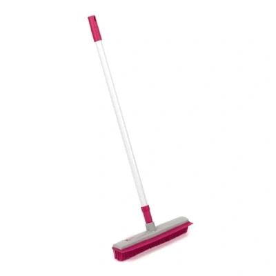 Image of Kleeneze KL065315EU Rubber Cleaning Broom Electrostatic Bristles Brush with Squeegee Edge, 1.2 Metre Telescopic Handle, Non Scratch Sweeping for Pet Hair, Dirt and Spillages, Pink/Grey