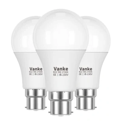 Image of Vanke Bayonet Light Bulb 60w Equivalent, B22 LED Bulbs Warm White 2700K Yellow Light, Non Dimmable 9w Energy Saver Lightbulb, 806 Lumen, 3 Pack