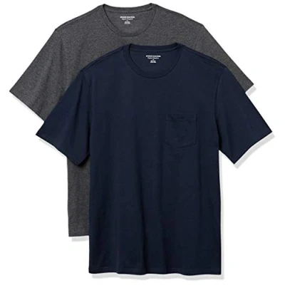 Image of Amazon Essentials Men&#039;s T Shirt Slim Fit Short Sleeved Crewneck Pocket, Pack of 2, Navy/Charcoal Heather, S