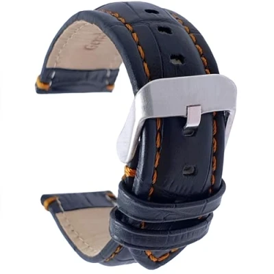 Image of Talk Time Black Genuine Leather Alligator Grain Watch Strap Orange Stitching 22mm