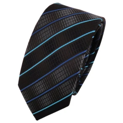 Image of TigerTie narrow Designer tie necktie black anthracite turquoise blue striped
