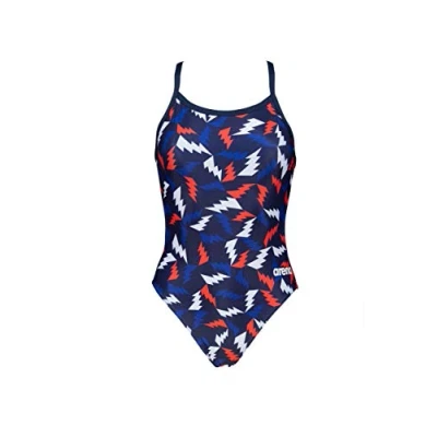 Image of Arena Women&#039;s Print Challenge Back One Piece Swimsuit, Lightning Colors Navy, 32 UK