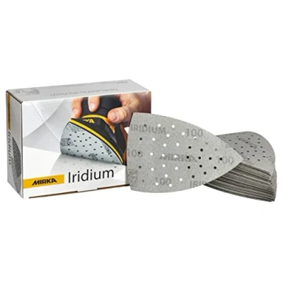 Image of Mirka Iridium sanding Triangle Premium Sandpaper 100x152x152mm 36 hole Grip, Grit 100, 50 pcs / For paint, putty, primer, wood, steel, mineral materials, plastic.