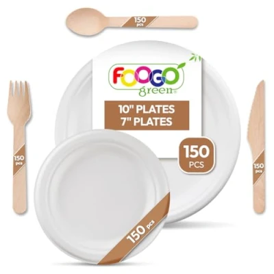 Image of FOOGO Green 750pcs Disposable Sugarcane Fibre Paper Plates and Wooden Cutlery Set, FSC® Certified, 150x Large Round Plates, Small Forks, Knives, Spoons, Strong