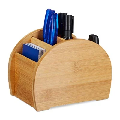Image of Relaxdays Bamboo Pen Holder, 4 Compartments, Natural Look, Office Desk Stationery Organiser,