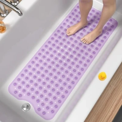Image of HITSLAM Non Slip Bath Mat for Tub, 101 x 40cm Extra Long Shower Anti Mould, Machine Washable Bathroom Bathtub with Suction Cups and Drain Holes, Soft on Feet, Clear Purple