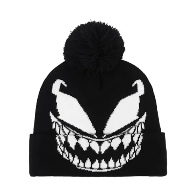 Image of Marvel Venom Beanie Hat, Intarsia Winter Knit Cap with Cuff and Pom, Face Design, Black, One Size, size