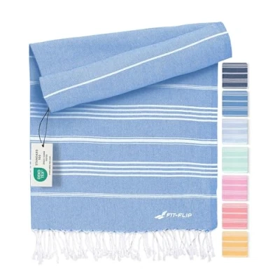 Image of Fit Flip hammam towel beach XXL made from 100% recycled cotton Quick drying Turkish towels, fouta, pestemal towels ideal as a blanket Blue 100x200cm Sultan