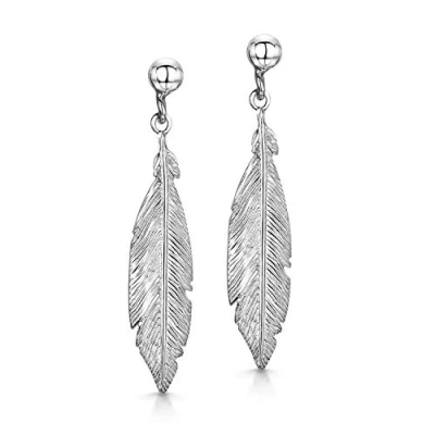 Image of Amberta Women&#039;s 925 Sterling Silver Nature Drop Earrings: Boho Leaf Feather
