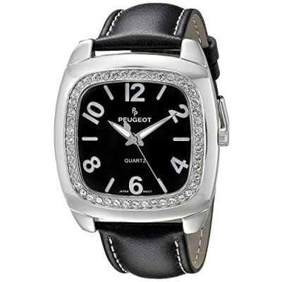 Image of Peugeot Women&#039;s Crystal Bezel Boyfriend Size Watch, Easy to Read Dial with Colorful Leather Strap, Black 310BK, Classic