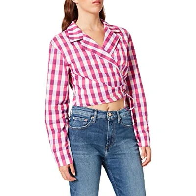 Image of NA KD Overlap Cropped Shirt, Pink Check, EU 42