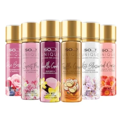Image of So…? Unique Womens Body Spray Mixed Fragrance Bundle, Vanilla Candy, Truffle Cream, Sweet Pea, White Blossom, Coral Daisy, Rose Berry, 150ml (Pack of 6)