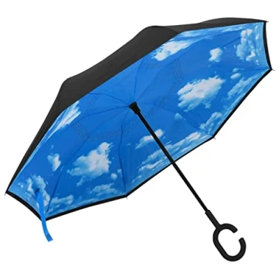 Image of vidaXL Black Inverted Umbrella with C handle, Water Resistant 190T PG Fabric, Easy Car Entry, Self Standing for Space Saving, Fibreglass Ribs and Metal Poles Extra Stability