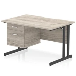 Image of Impulse 1200 x 800mm Scalloped Edge Office Desk Grey Oak Top Black Cantilever Leg Workstation 1 2 Drawer Fixed Pedestal