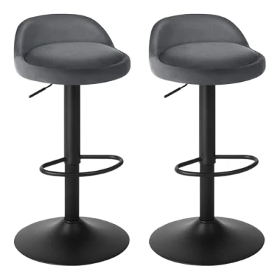Image of EUGAD Bar Stools Set of 2 Dark Grey Velvet Swivel Chairs Breakfast Dining Height Adjustable Barstools, Footrest, Seat 62 83cm 0823BY UK