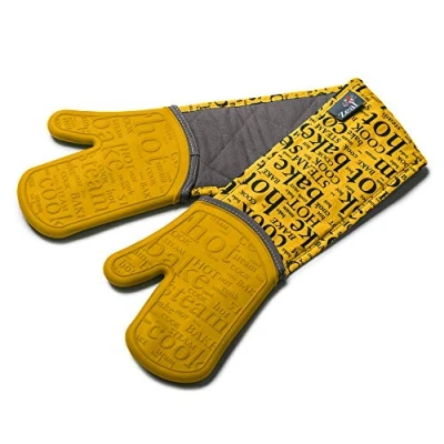 Image of Zeal Silicone Heavy Duty Double Oven Gloves Mitts Script Mustard