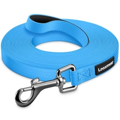 Image of Looxmeer Dog Training Lead, 15M(49ft) Strong Extra Long Lead for Small Medium Large with Padded Handle &amp; Storage Bag, Waterproof Leash Recall Tracking Hiking Hunting Obedience, Blue