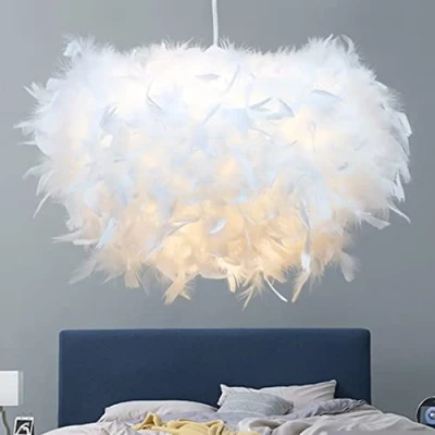 Image of GUANSHAN 50cm/19.8&quot; Hemisphere White Feather Pendent Light Lampshade Ceiling Fixture Chandelier for Living Room, Bedroom, Dining Room