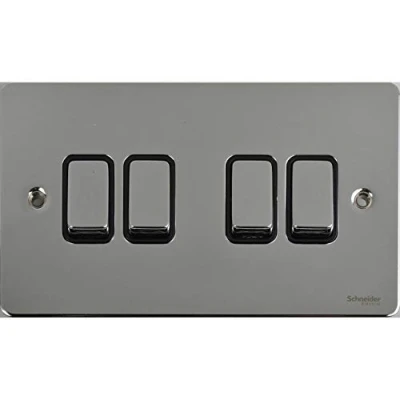 Image of Schneider Electric Ultimate Flat Plate 4 Gang Rocker 2 Way Light Switch, 16AX, GU1242BPC, Polished Chrome with Black Insert