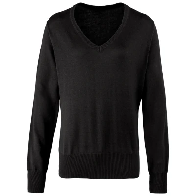 Image of Premier Womens/Ladies Knitted Cotton Acrylic V Neck Sweatshirt (Black) Size 16 UK