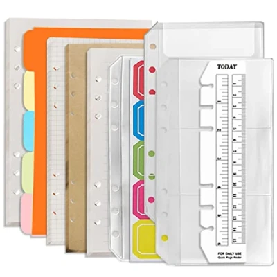 Image of DY.2ten A6 6 Hole Binder Notebook Refills Set (Gridded Paper + Lined Kraft Blank Loose Leaf Paper) 180 Sheets /360 Pages（45 of Each Type） Zipper Pockets
