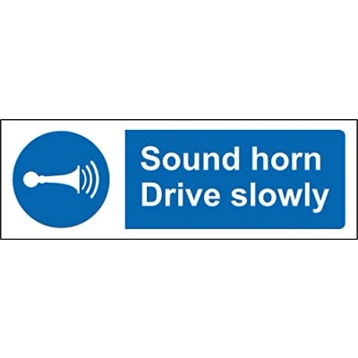Image of Mandatory signs Sound horn and drive slowly safety sign Self adhesive sticker 300mm x 100mm