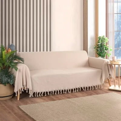Image of Milam London Sofa Throws Large 3 Seater Extra For Settees Sofas Herringbone Throw 180 x 300 cm (Beige)