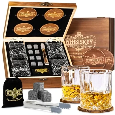 Image of WHISISKEY Whiskey Glass Set Gift Sets for Men Whisky Birthday Gifts Rum Tumblers Mens with 4 Glasses, 8 Stones, Accessories