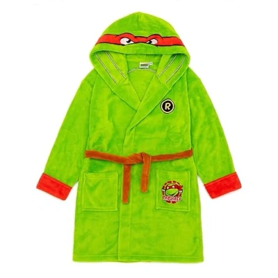 Image of Teenage Mutant Ninja Turtles Boys Hooded Bathrobe Kids Superhero Costume Dressing Gown in Green Cosy Comic Book Fleece Loungewear Movie Nightwear Apparel Gift for Children &amp; Toddlers