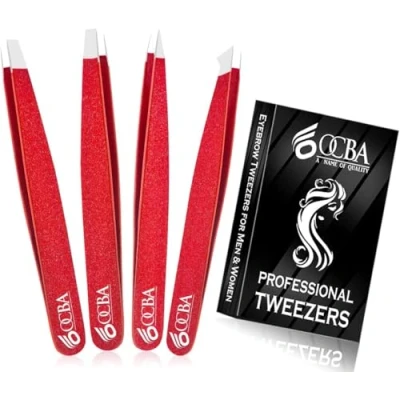 Image of OCBA 4 Pcs Red Tweezers for Facial Hair Women &amp; Men Precise Grooming of Eyebrows Professional Stainless Steel Black Color Coated Eyebrow Ingrown on Nose Ear (Red)