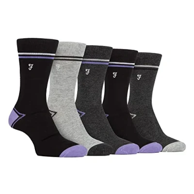 Image of Farah Mens 5 Pack Natural Organic Bamboo Bright Striped Patterned Socks (6 11, Black/Purple)