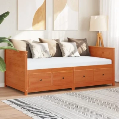 Image of vidaXL Solid Pine Day Bed Sofa/Daybed Guest Wax Brown Versatile Bedroom/Living Room Furniture, 100x200 cm, Plywood Slats
