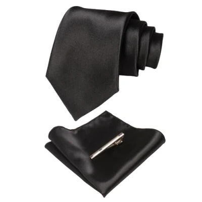 Image of JEMYGINS Black Tie Silk Necktie and Pocket Square With Clip Sets for Men (3)