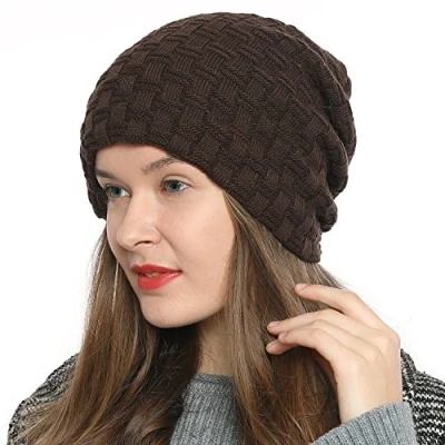 Image of DonDon Beanie hat women Winter Long Slouch Knit knitted with fleece lining Brown