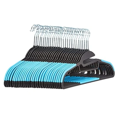 Image of Amazon Basics Non Slip Heavy Duty Plastic Hanger with Rubber and Horizontal Bar, Blue (30 Pack)