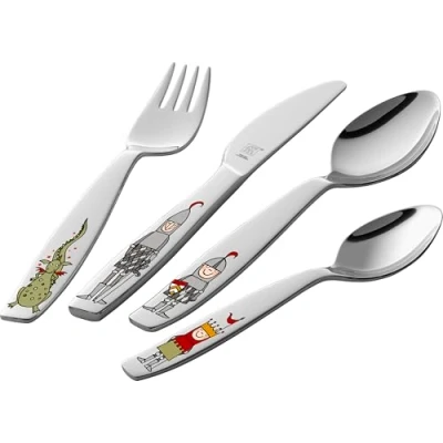 Image of ZWILLING 1026659 Ritter Eckbert Children&#039;s Cutlery Set, 4 Pieces, with Colourful Motifs, for Children from 3 Years, 18/10 Stainless Steel [Plastic Free Packaging], Silver