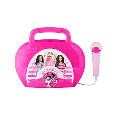 Image of eKids Barbie Sing Along Boombox with Microphone, Built in Music, Flashing Lights, Real Working Mic for Kids Karaoke Machine, Connects Mp3 Player Aux Audio Device