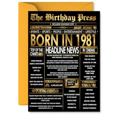 Image of Gold 44th Birthday Card for Men Women Black &amp; Golden Newspaper Born in 1981 Happy 44 Cards Sister Son Neighbour Cousin Daughter Wife, 5x7 Inch Bday Greeting