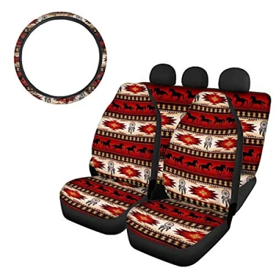 Image of SEANATIVE African Tribal Horse Print Car Seat Covers for Front&amp;Rear Protector Cushion Pads with Non Slip Steering Wheel Cover Universal Fit