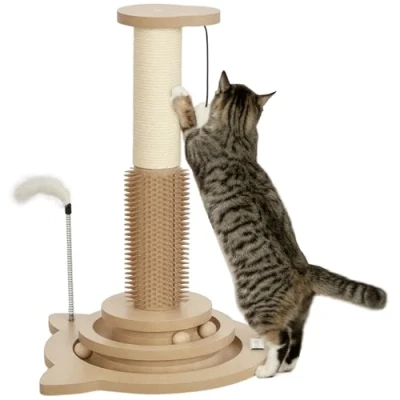 Image of PawHut Cat Scratching post, 49cm Scratcher with Sisal Interactive Track Ball Toy, Self Grooming Brush, Hanging Toy Ball, Feather, 5 in 1 Small Kitten Scratch Oak Tone