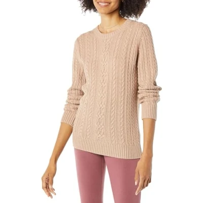 Image of Amazon Essentials Women&#039;s Fisherman Cable Long Sleeved Crewneck Sweater (Available in Plus Size), Taupe Heather, S